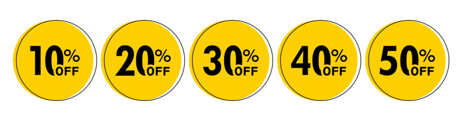 Yellow Round Discount Stickers Set — 10% 20% 30% 40% 50% Off Vector