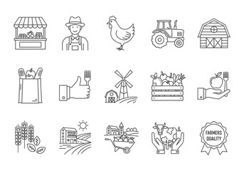 Obraz premium Charming hand drawn farm icons set agricultural elements rural life and harvest graphics