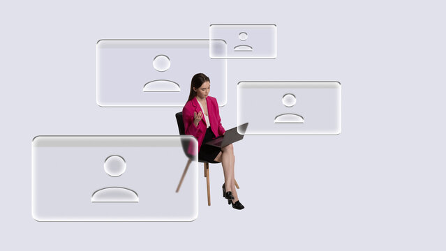 Graphic composition. Businesswoman surrounded by user profile icons with focused emotion. Concept of HR workflow, onboarding, team management, communication tools, user interface branding.