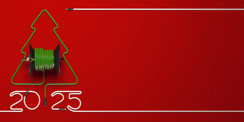 A symbolic Christmas tree laid out of a cable and a coil. Creative 2026 New year template on a power engineering theme.