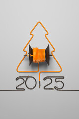 A symbolic Christmas tree laid out of a cable and a coil. Creative 2026 New year template on a power engineering theme.