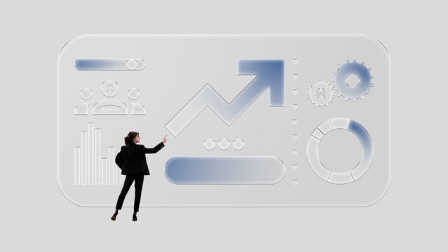 Minimalist poster. Businesswoman analyzing glossy dashboard icons with motivated emotion. Concept of analytics, KPI dashboards, growth strategy, workflow optimization, digital product presentations.
