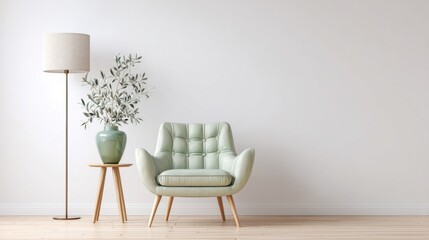 A pale green tufted armchair with wooden legs sits beside a round table holding olive branches in a tall vase,