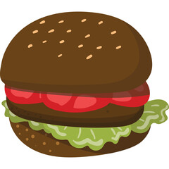 Juicy brown hamburger with lettuce and tomato on a transparent background illustration
