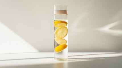 Glass of water with fresh lemon slices on a wooden table for refreshing beverage