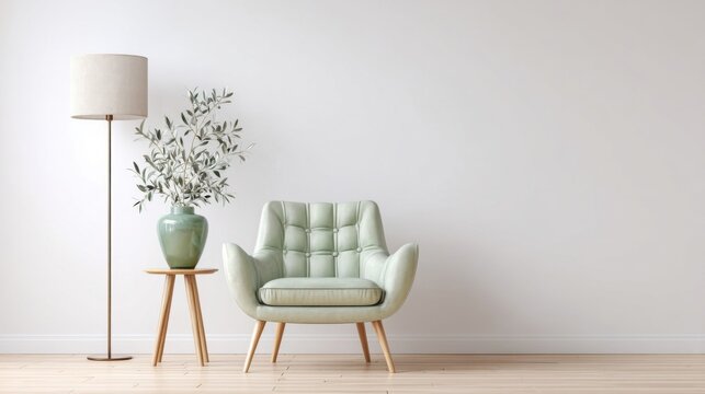 A pale green tufted armchair with wooden legs sits beside a round table holding olive branches in a tall vase,