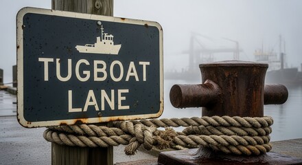 Tugboat Lane Sign At Dockside, With Foggy Background And Mooring Bollard