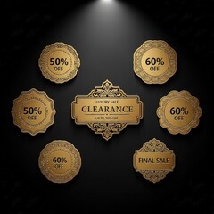 An elegant collection of golden luxury sale and clearance labels featuring vintage ornamental designs on a dark background