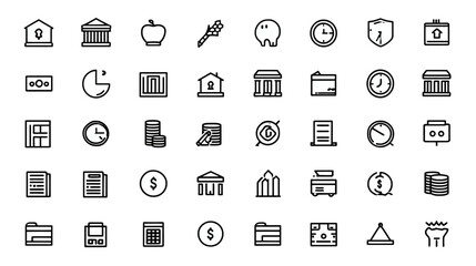 Modern Outline Icons for Business, Finance, Education, Law, Time, Property, and Administration Vector Set