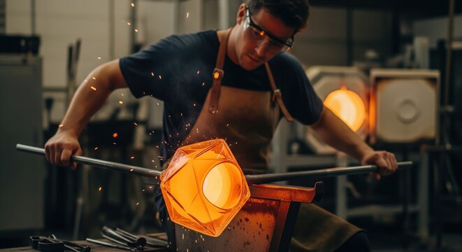 Skilled Artisan Forming Glass Object in Studio with Vibrant Colors and Sparks Flying