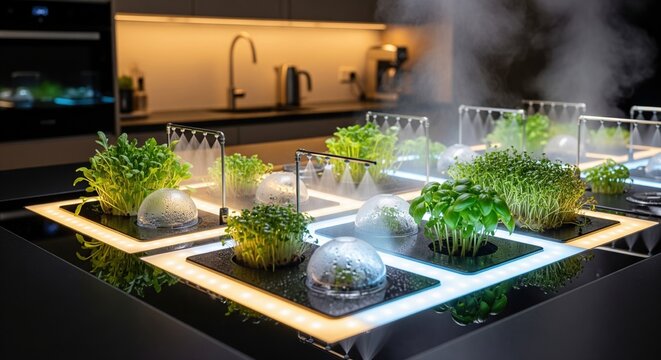 Modern Hydroponic Garden with Vibrant Greenery and Innovative Lighting Setup in Kitchen