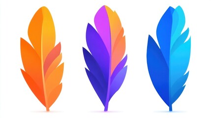 Three stylized feather illustrations in a row with distinct color gradients, warm orange to red,