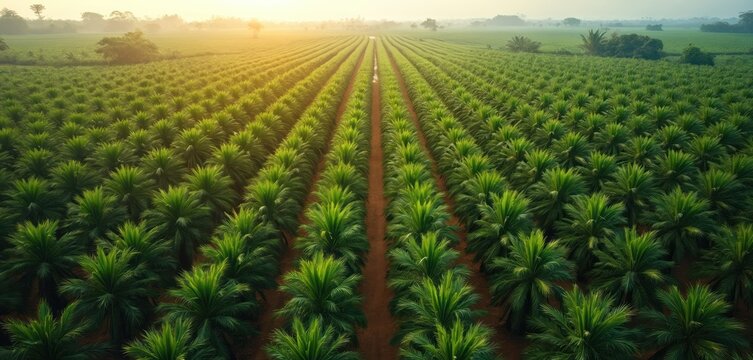 Organized rows of young palm oil trees stretch across vast agricultural field at sunrise. Green vegetation creates uniform pattern under warm, hazy sky. Scene tropical cultivation, industry.