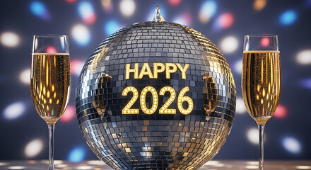 Stunning, celebratory centerpiece for a New Year's countdown, emphasizing the sparkling 'HAPPY 2026' typography on a huge disco ball.
