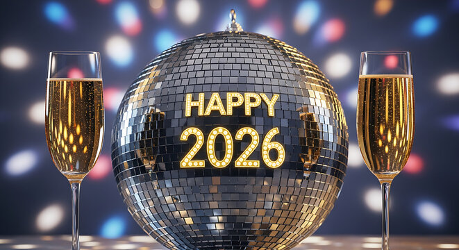 Stunning, celebratory centerpiece for a New Year's countdown, emphasizing the sparkling 'HAPPY 2026' typography on a huge disco ball.