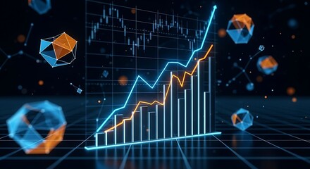 Futuristic glowing financial charts visualize an upward trend in a digital data analysis environment.