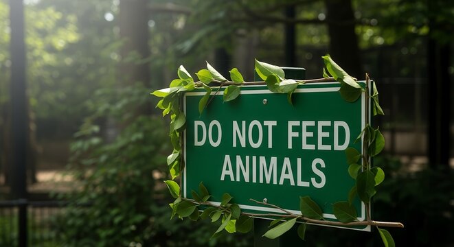 Warning Sign in Lush Green Environment Prohibiting Animal Feeding in Natural Habitat