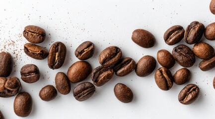 Roasted coffee beans scattered on a white surface