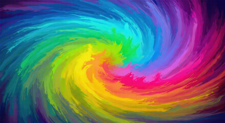Intense psychedelic swirl pattern with a full rainbow spectrum displayed using a vibrant halftone dot effect creating a dynamic vortex