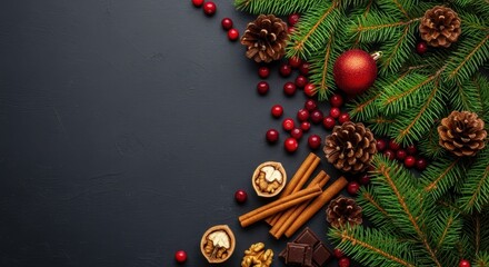 Festive Christmas arrangement with pine branches, cranberries, and spices on dark background