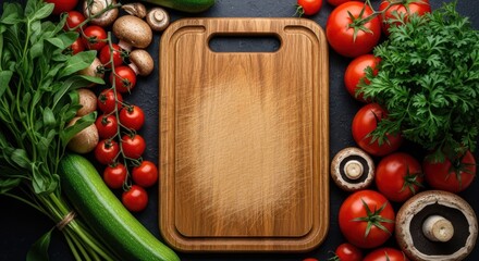 Fresh vegetables and cutting board on a dark background, top view