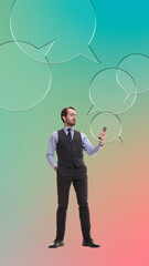 Stylish composition of businessman surrounded by speech bubbles with thoughtful emotion. Concept of communication apps, chat platforms, teamwork discussion, corporate messaging, digital branding.