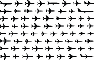 Silhouette of airplane grid, aircraft designs, aviation engineering, plane comparison, black and white illustration, wing shapes, jet profiles, aeronautical diversity, flight technology