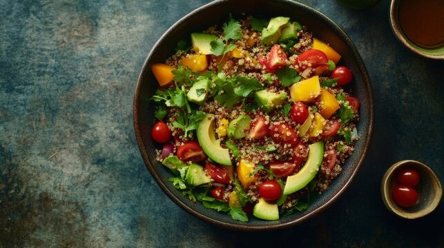 Bowl of qui quiso salad with fresh tomatoes and avocados on a wooden table