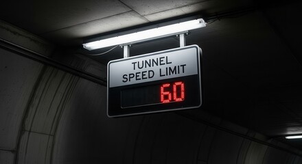 Tunnel Speed Limit Sign Displaying Sixty, Illuminated Under Fluorescent Lighting