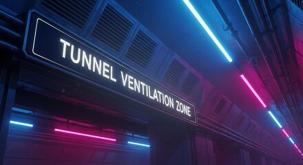 Tunnel Ventilation Zone Illuminated With Cyberpunk Style Neon Lights and Futuristic Detail
