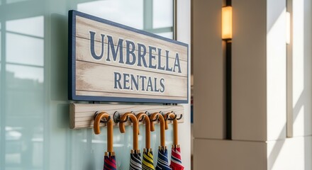 Umbrella Rentals Wooden Signboard Displaying Rainy Day Protection Equipment Clearly