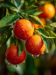 Obraz premium Fresh oranges hanging from lush green branches after a gentle rain shower