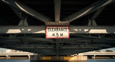 Underside of a Metal Bridge with Clearance Sign in Direct Sunlight, Dramatic Scene