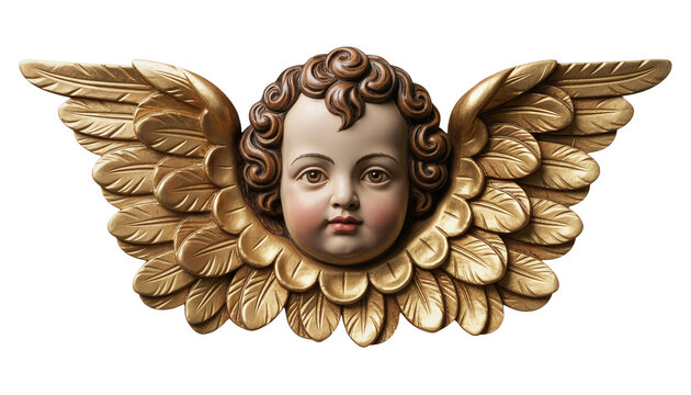 Photorealistic digital replica of a cherub inspired by the religious art of the Quito School. Features golden textures of polychrome wood and gold leaf typical of the colonial style.