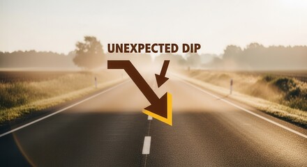 Unexpected Dip Symbolized by Downward Arrows on an Open Road in the Morning