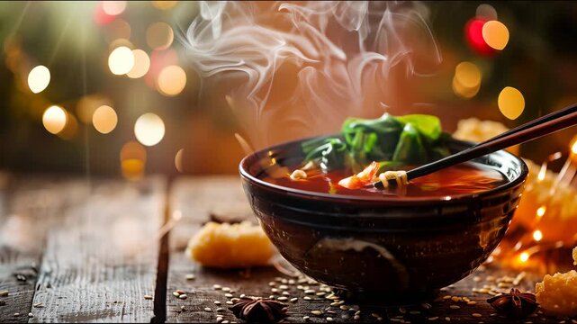 Overhead shot of steaming bowl of toshikoshi soba noodles on rustic wooden table, chopsticks lifting noodles, traditional Japanese ceramic bowl, garnished with negi and tempura