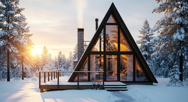 Winter a-frame cabin at sunrise in snowy forest