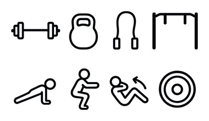 Silhouettes of gym equipment and exercise icons on dark background