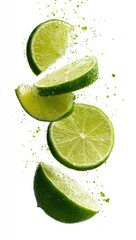 Fresh lime slices in mid-air, with splashes