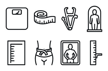 Body measurement icons featuring scale, tape, caliper, mirror, ruler, waist, height, silhouette
