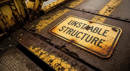 Unstable Structure Warning Sign On Rusty Bridge Surface Abstract Concept