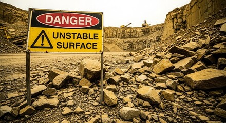 Unstable Surface Hazard Sign Displayed In A Geological Rock Quarry Mining Site