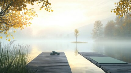 Foggy dock with a boat moored in a serene water landscape during early morning light