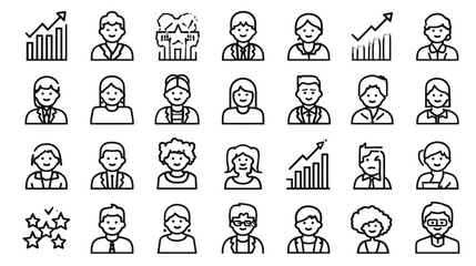 Set of diverse business and user avatar outline icons with growth charts and success symbols for user interface design.