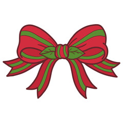 Christmas gift bow red and green ribbon with decorative leaves cartoon graphic