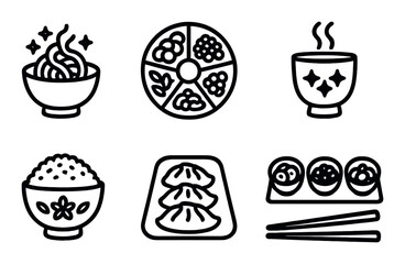 Asian cuisine icons featuring noodles, tea, rice, dim sum, sushi