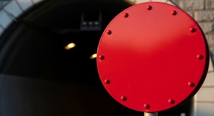 Vibrant Red Circular Object Accentuated Against a Darkened Tunnel Entrance Interior