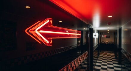 Vibrant Red Neon Arrow Illuminates A Dimly Lit Hallway Suggesting Guidance And Direction