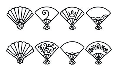 Eight artistic fan designs with unique patterns and symbols on dark background