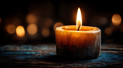 A single candle with a bright flame illuminates the dark background, creating a warm and inviting atmosphere, perfect for a cozy night in or a special occasion